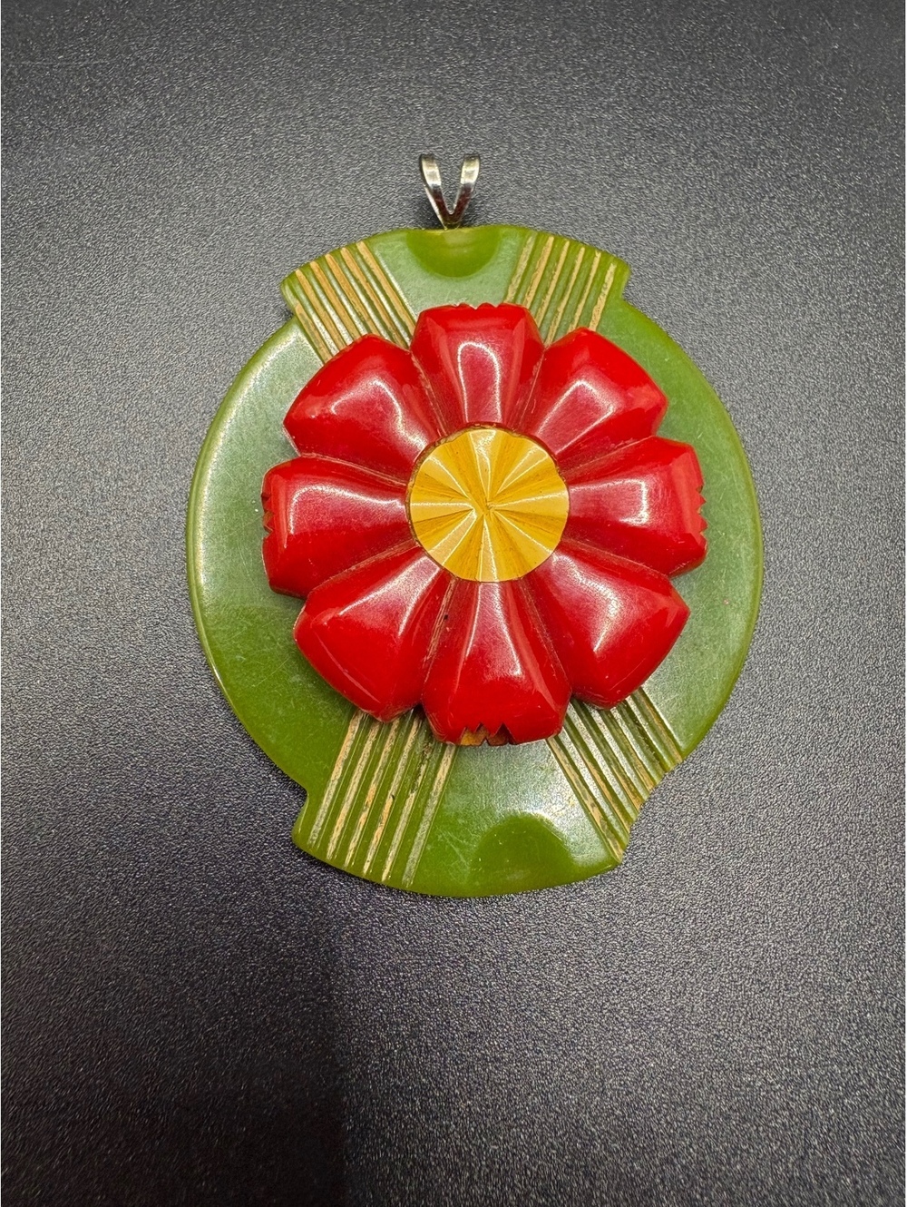 Vintage Carved Multicolor Floral Bakelite Pendant